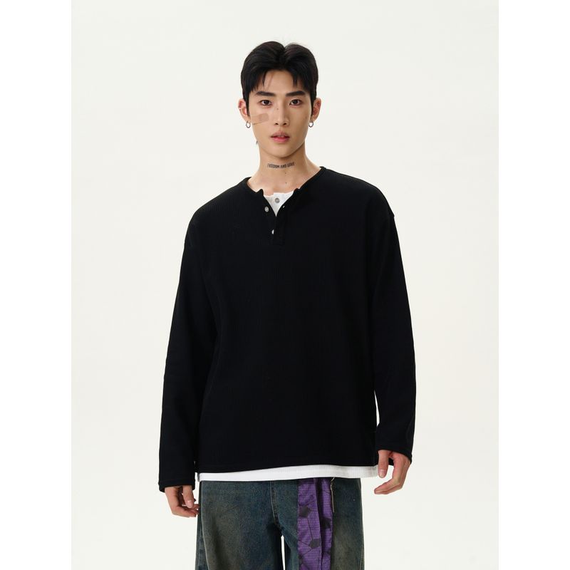 Kisko American Retro Lazy Style Fake Two-Piece Henry Collar Long-Sleeve T-Shirt for Men and Women, High-End Casual Inner Wear Top