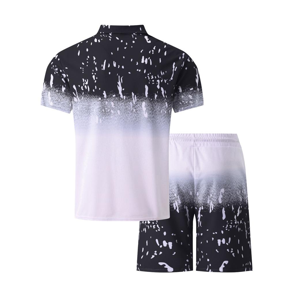 Men's Spring Printed Zipper Lapel Short Sleeve Top Shorts Suit Men's Casual Sports Suit