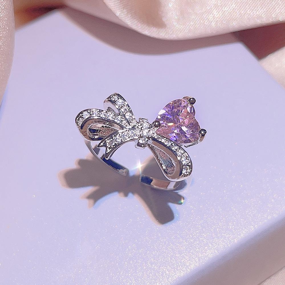 Modischer rosa Herz-Schleifen-Zirkon-Dreiteiler für Damen, eleganter Ring, Halskette, Hochzeits-Brautschmucksets für Damen