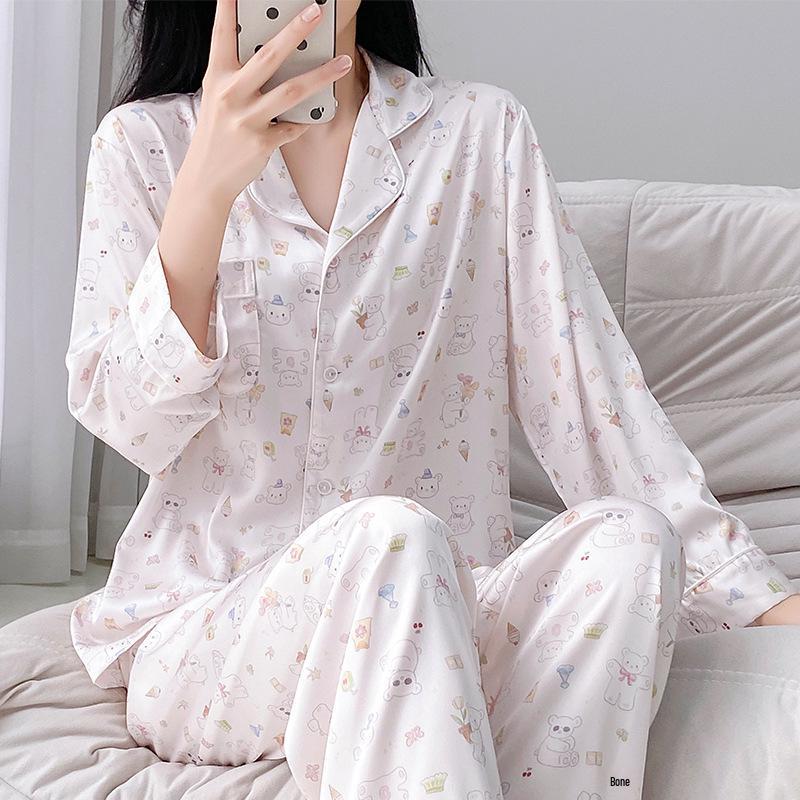 Women's Autumn/Winter Ice Silk Cartoon Pajamas, Korean-Style Sweetheart Set - Long Sleeve & Pants