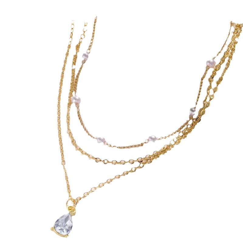 Colier cu pandantiv lacrimă din cristal și imitație de perlă cu trei straturi, stil simplu european și american
