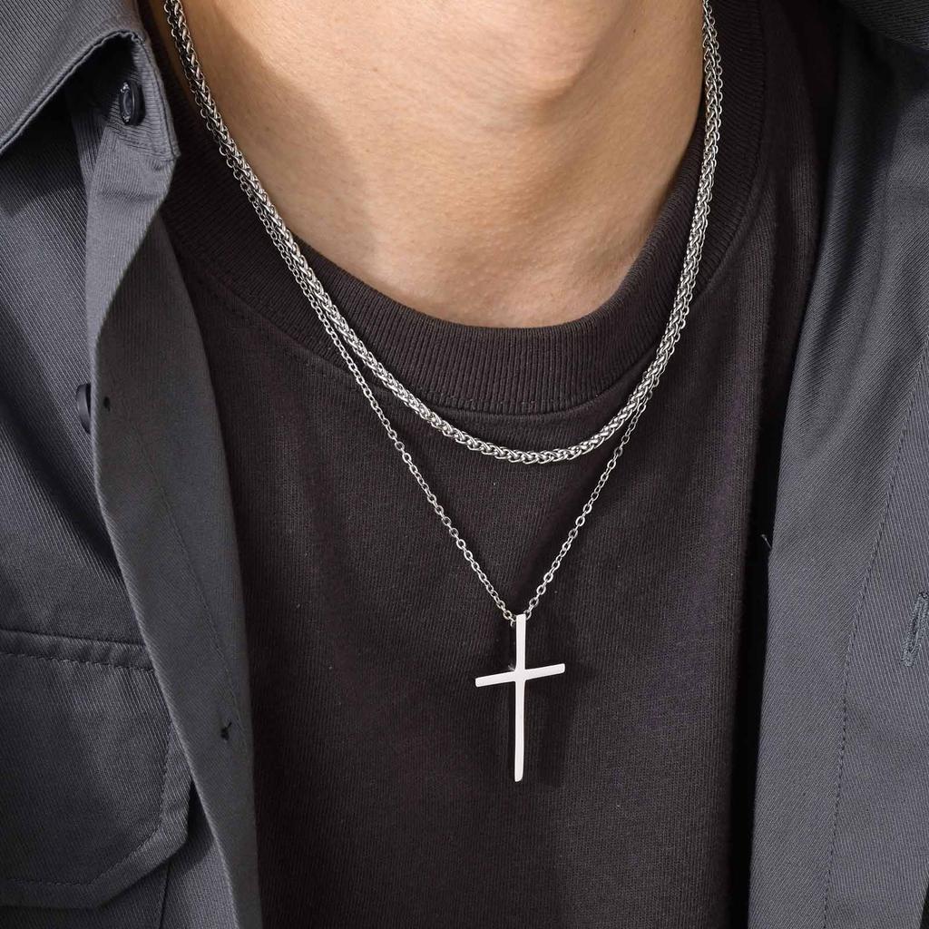 Men Double Layered Chain Cross Charm Pendant Necklace, Stainless Steel Stacking Set Choker Collar Gifts To Him