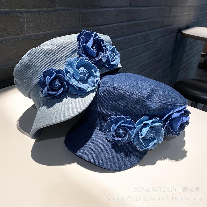 Summer denim flat top hat female three-dimensional contrasting color flower travel big head circumference fashionable face small sun protection painte