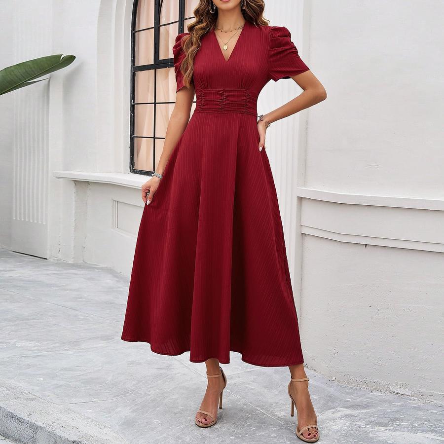 Summer Women's Fashion Chic High Waist Solid Short Sleeve Ruched Dress