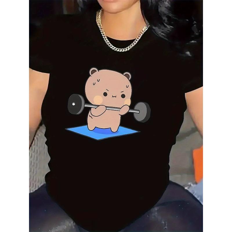 

European sizes Women S Cute Bear Gym T-Shirt - Black Short Sleeve, Lightweight & Breathable Polyester, Durable & Comfortable 4XL
