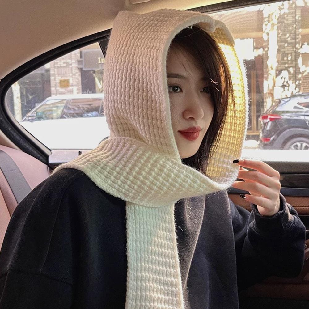 Knitted Hooded Caps Outdoor Hooded Scarf Winter Balaclava Hats Thicken Autumn Winter Neck Protector Headgear Solid Knit Beanies