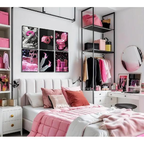 6Pcs Fashion Bathroom Canvas Wall Art Black and Pink Glam Glitter Tissue Funny Modern Women Painting Pictures Wall Decor Poster Print Artwork for