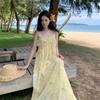 Strandurlaub Gelber Druck Hosenträgerkleid Damen Französisch Klein Frisch und Süß Sommer Schönes Langes Kleid