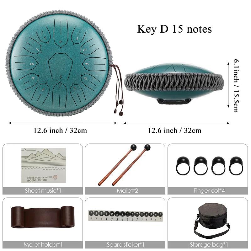 Hluru Glucophone 13 Inch 15 Notes Steel Tongue Drum Key D Ethereal Drum Yoga Meditation Musical Instrument