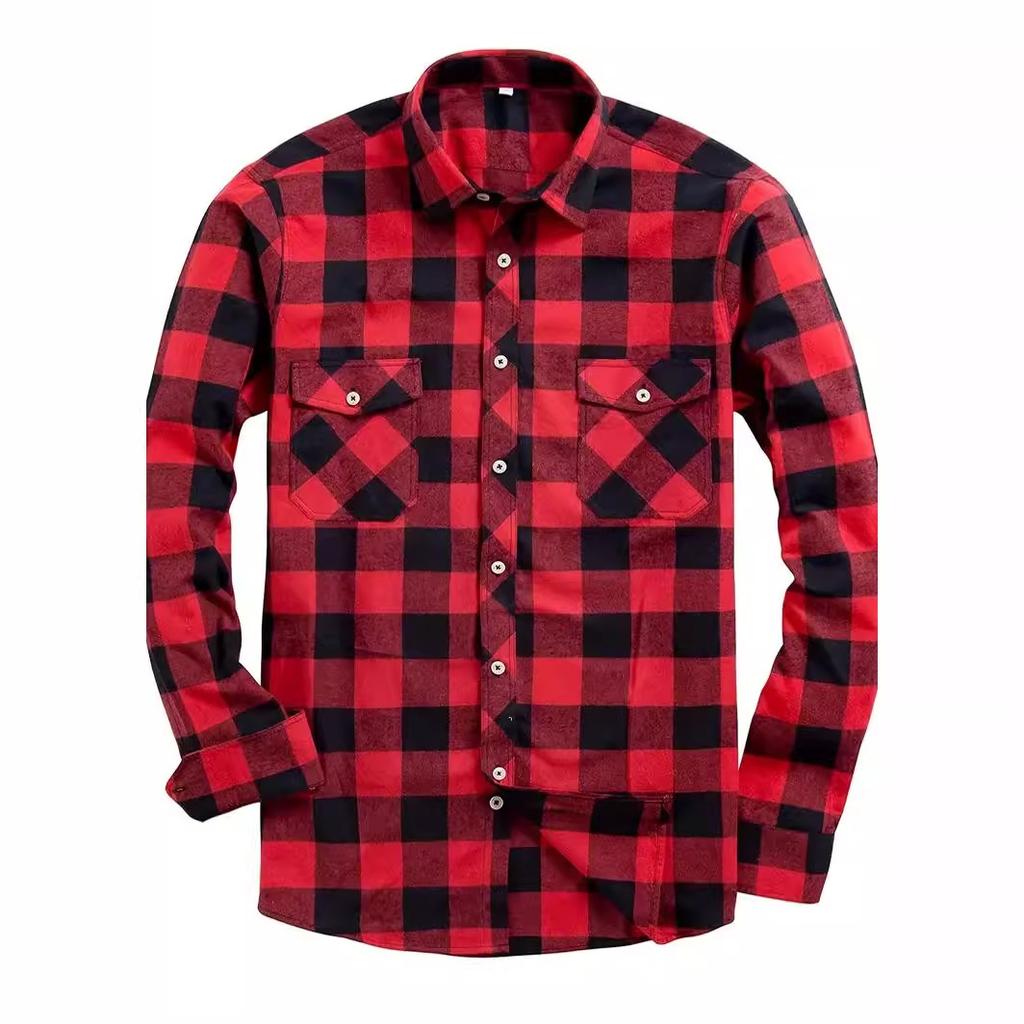 Spring And Autumn Winter New Men'S Checkered Shirt Double Pocket Flannel Casual Checkered Shirt