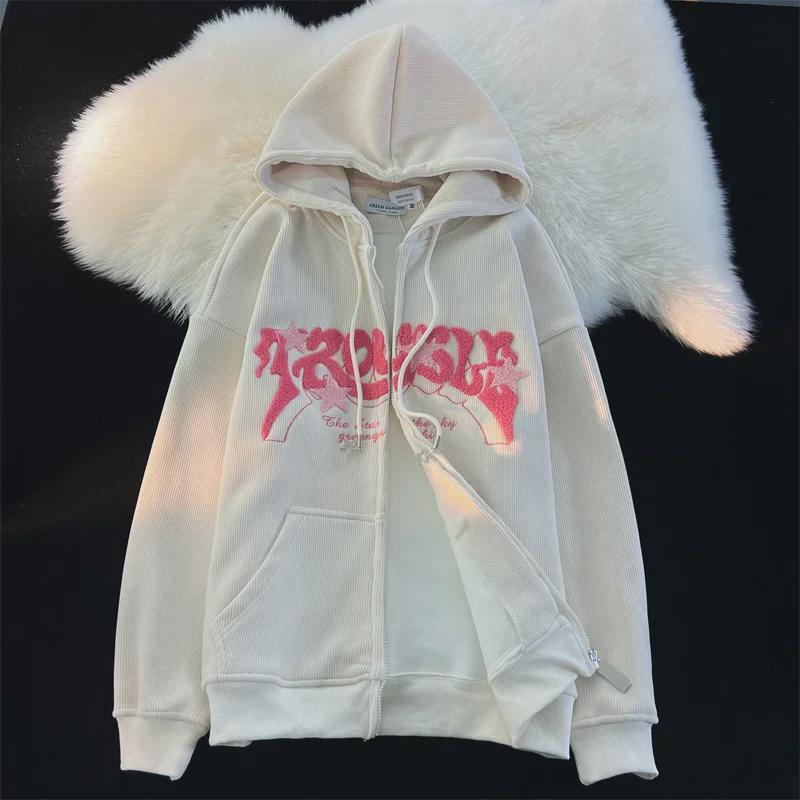 Women's Vintage Star Corduroy Hooded Cardigan - Loose Fit, Trendy Street Style for Spring and Autumn