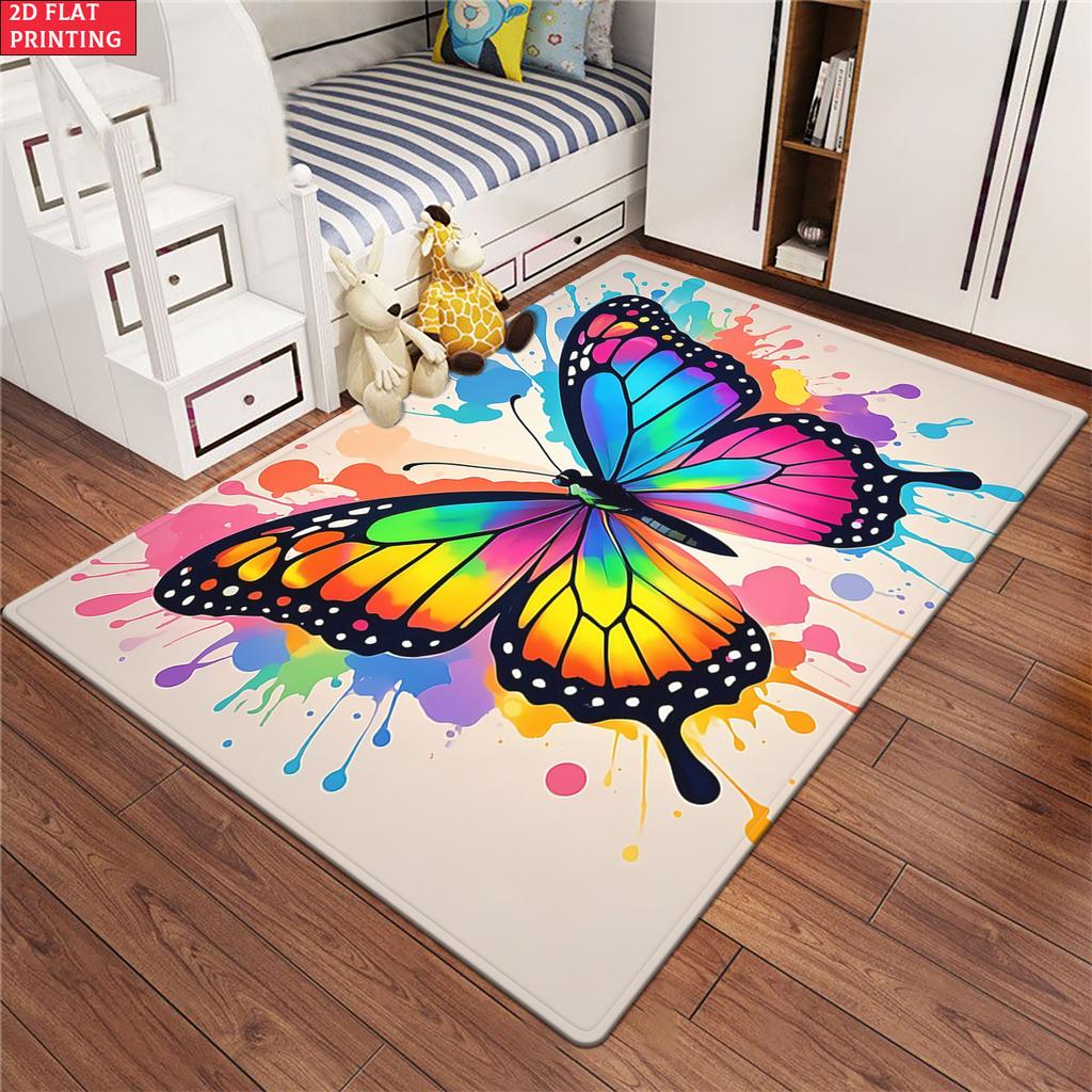 Colorful Rainbow Butterfly Paint Splash Area Rug, Non-Slip Soft Carpet for Living Room Bedroom, Vibrant Art Decor Floor Mat