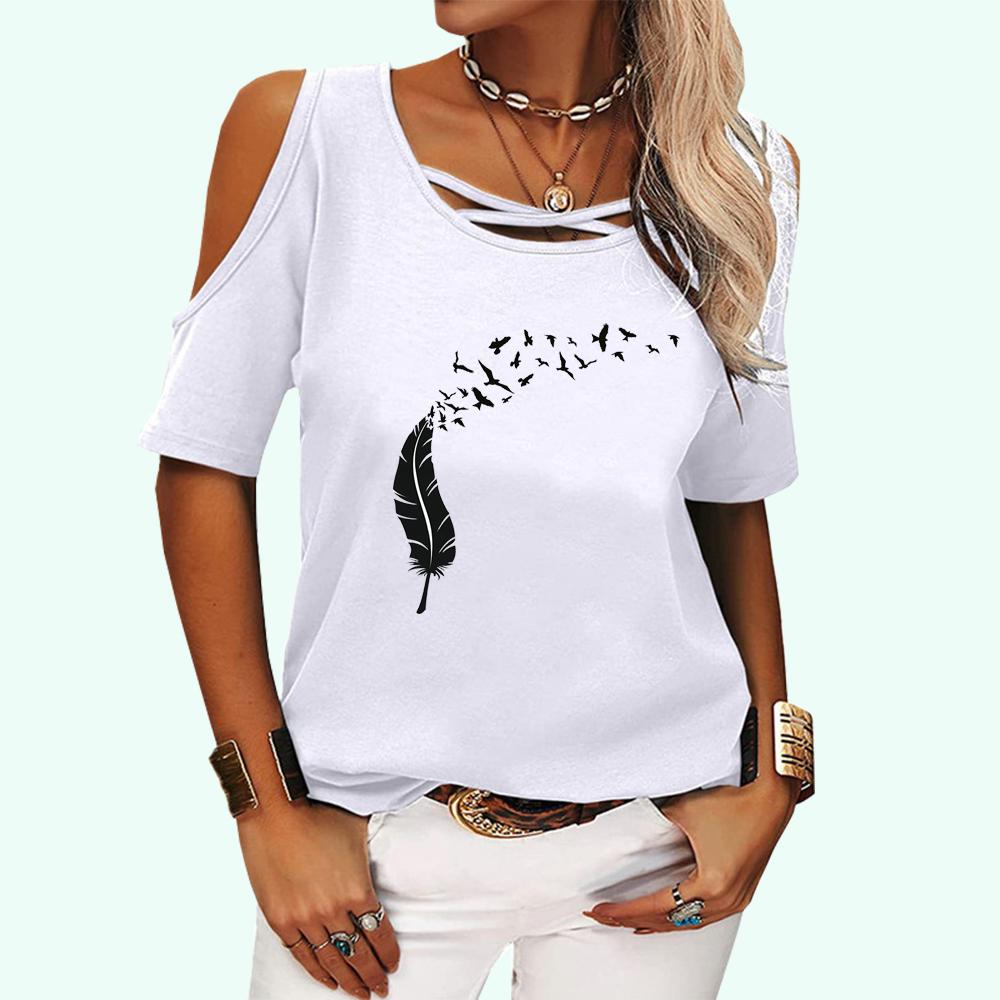 Women Fashion Printed Short Sleeve Top Ladies Summer Off Shoulder T-shirt Casual Round Collar Tee Shirt Pullover Loose T-shirt