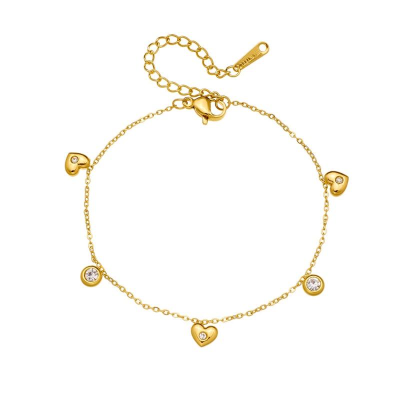 Gold Plated CZ Heart Round Charm Bracelet, Dainty Adjustable Cable Chain for Women, Cute Daily Jewelry