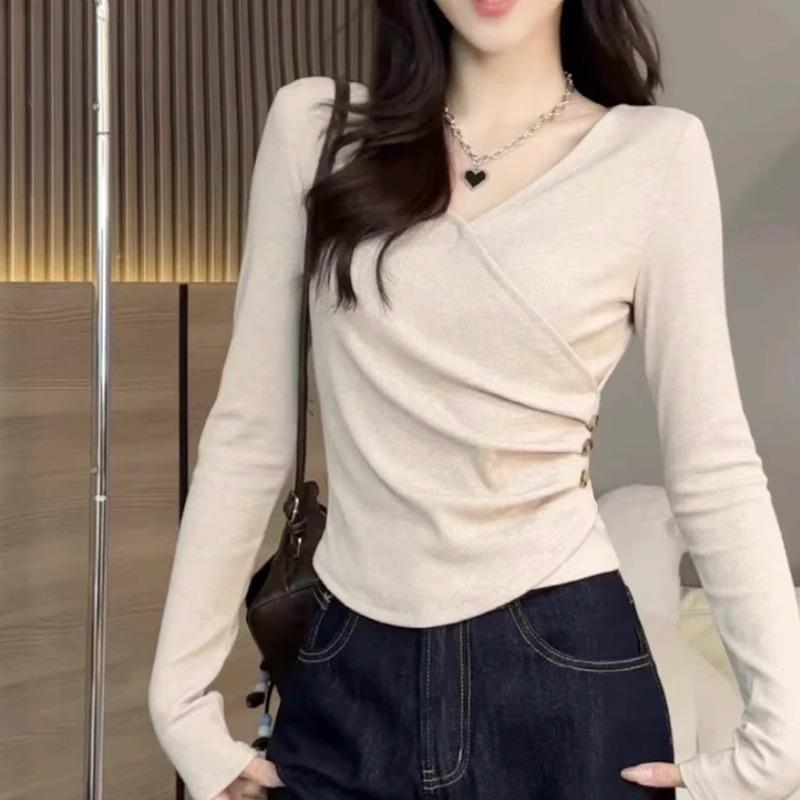 Spring Autumn V-neck Solid Color Folds T-shirt Women Long Sleeve Waist Tee All-match Pullovers Bottomed Top