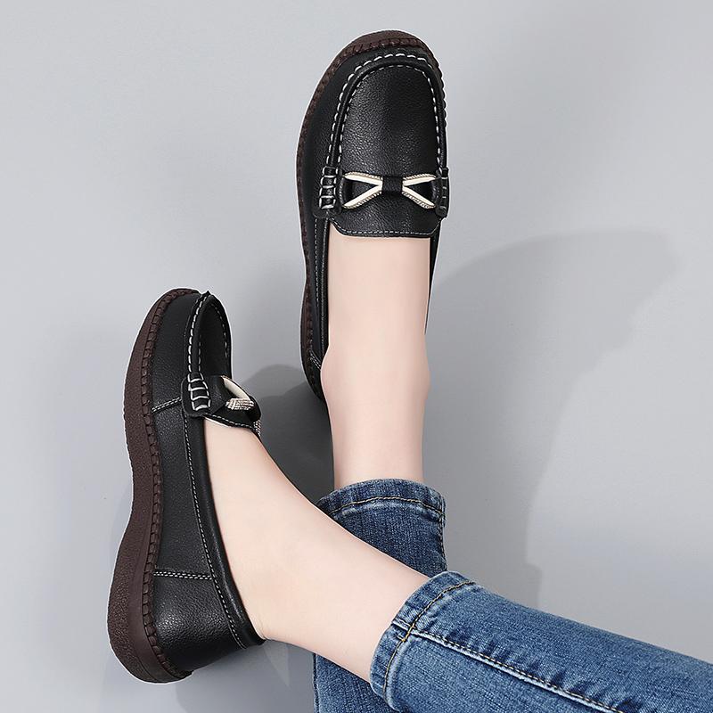 Women Simple Gold Loafers Leather Driving Moccasins Comfort Flats Black Casual Slip On Plus Size Black Shoes