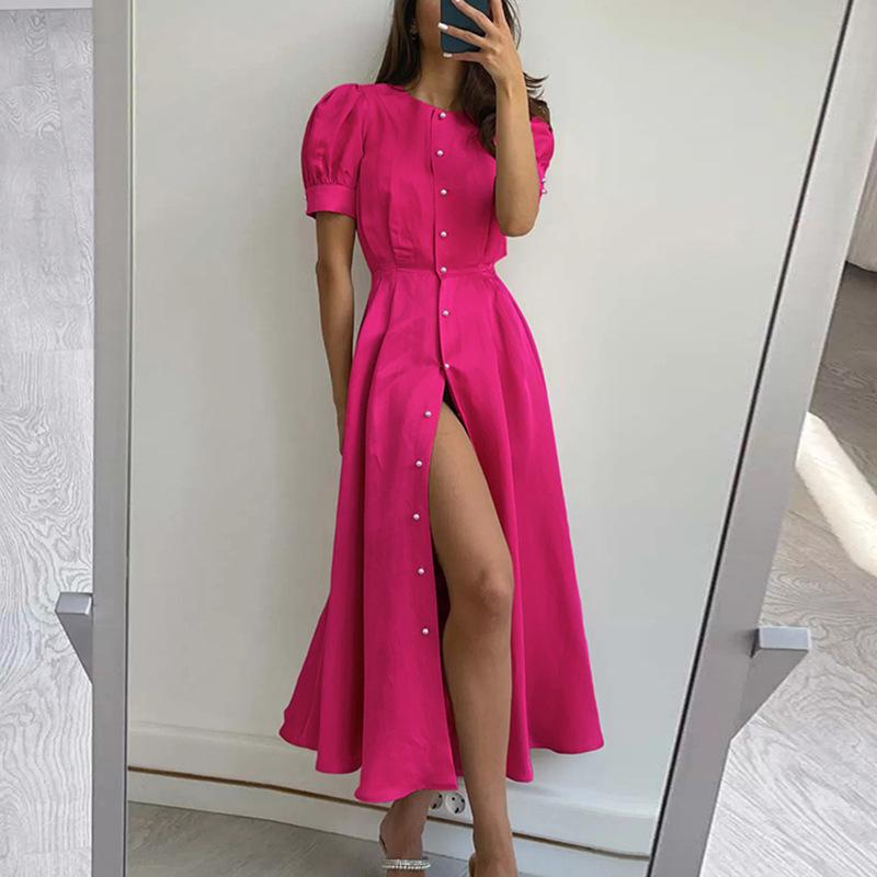 Women's Clothing, New Style, Solid Color, High Waist, Shirt Skirt, Slit, Dress