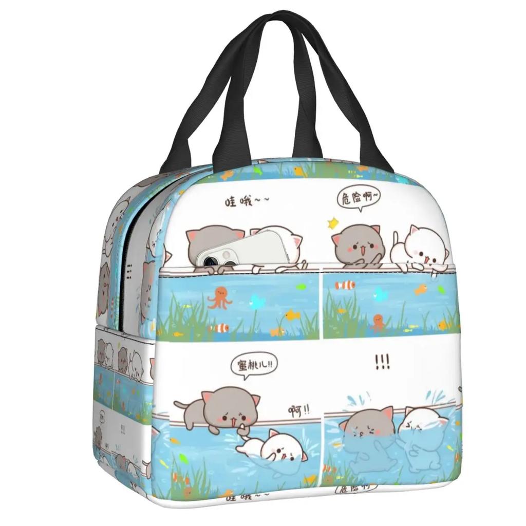 Peach and Goma Insulated Lunch Bags for Work School Picnic Cartoon Mochi Cat Leakproof Cooler Thermal Lunch Box for Women Kids