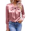 2025 Autumn Bow Satin Long Sleeve Women's Casual Solid Shirt
