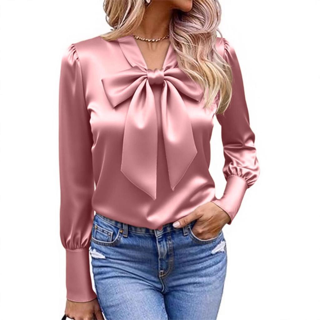 2025 Autumn Bow Satin Long Sleeve Women's Casual Solid Shirt