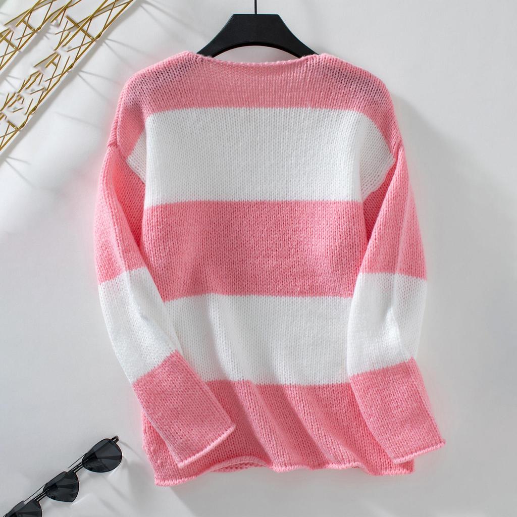 Autumn Winter Vintage Loose Long Sleeve Top Stripe Cardigan Knitwear V-Neck Sweater