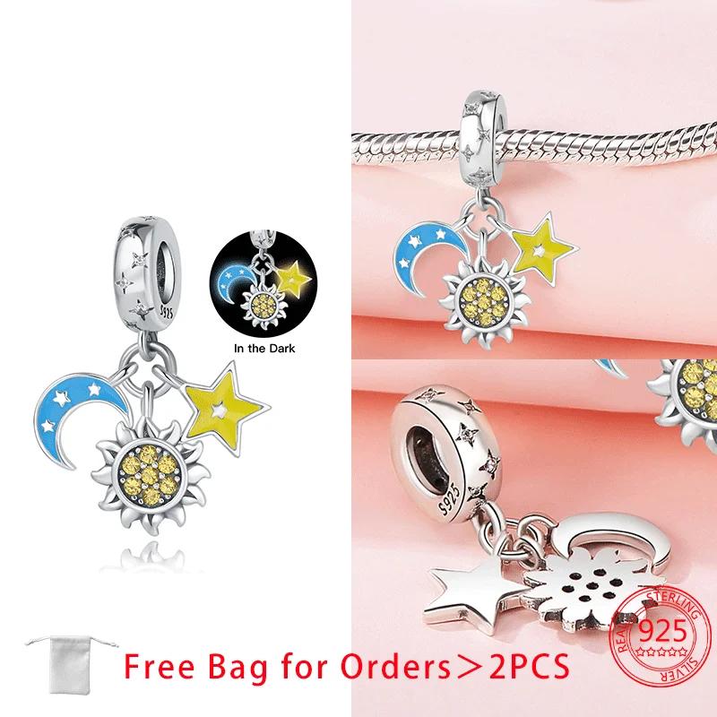 Moon Stars Planets Shining Zircon Beads Pendant Fit Women Diy Copper Charms Jewelry Original Bracelet Fine Delicate Gift