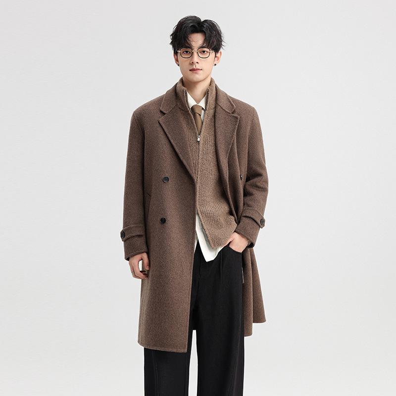2025 Autumn/Winter Men's Double-Sided Wool Double-Breasted Trench Coat, Mid-Length with Lapel