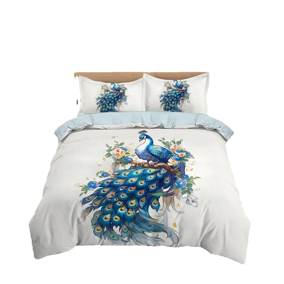 Comforter 3D Peacock Bedding Set Peacock Bird Animal Gorgeous Blue Feather Queen Bedding Set Comforter (quilt)-EU Single(135*200cm)3pcs