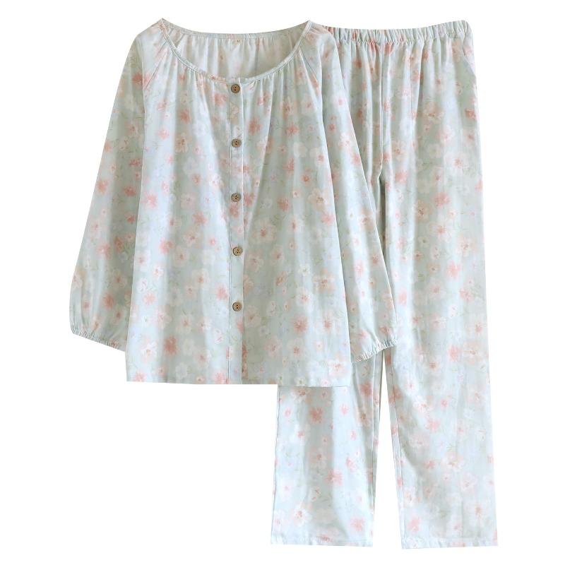 2026 Spring and Autumn New Pajama Set 100% Cotton Gauze Long Sleeve Long Pants Two Piece Sweet Style Home Clothing Set
