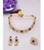 Green & Pink Stones Ethnic Collar Bone Necklace Earring & Ring Set For Women