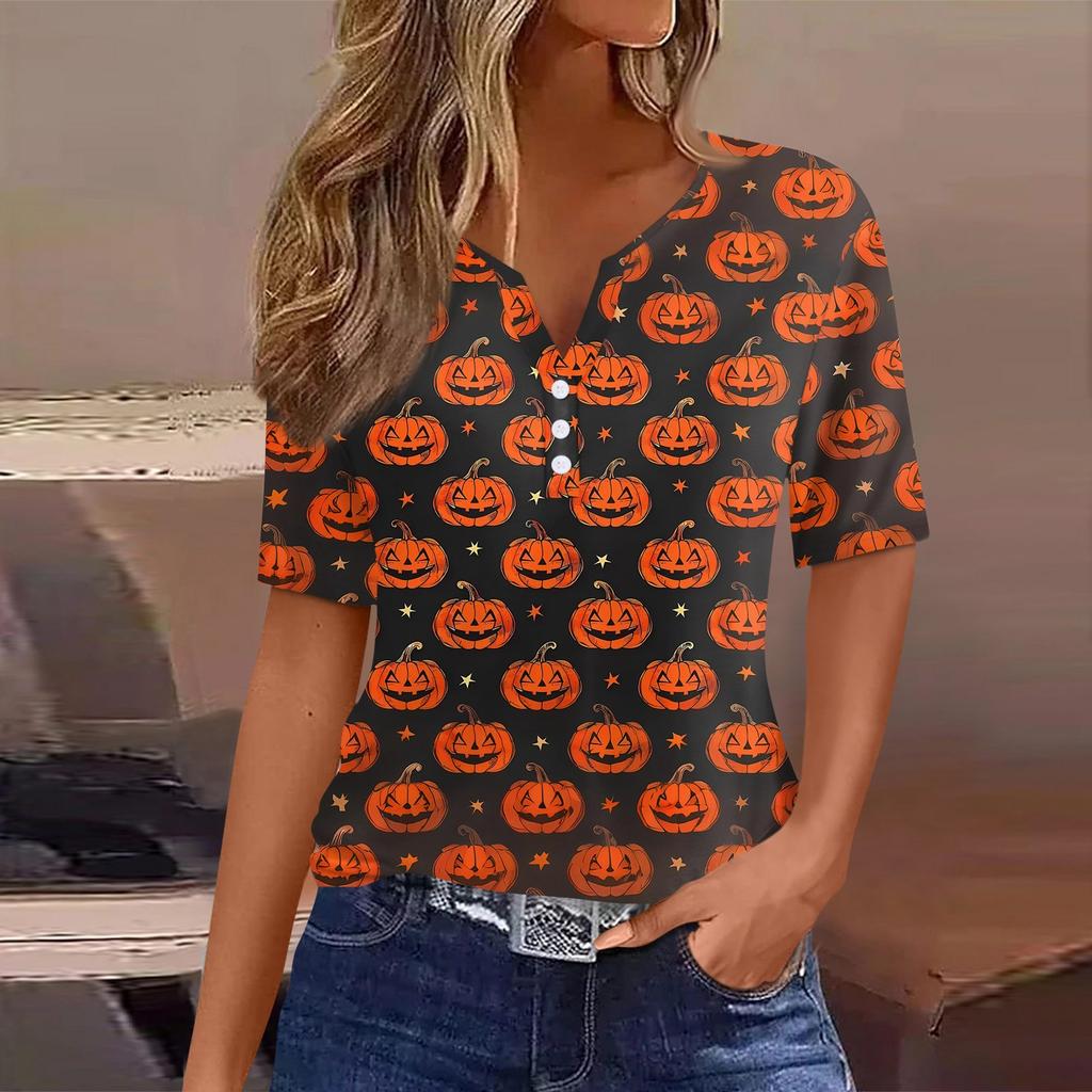 Women's T Shirt Halloween Print Button Short Sleeve Daily Weekend Fashion Basic V- Neck Regular Top