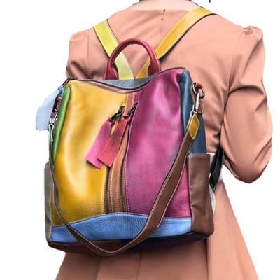 Sac à dos en cuir de vache coloré pour femme, sacoche à bandoulière décontractée, grande capacité