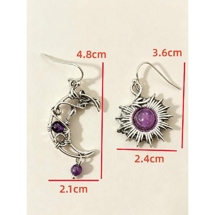 1 Pair Bohemian Star & Moon Purple Bead Earrings, Asymmetrical Sun & Moon Wrapped Design Earrings