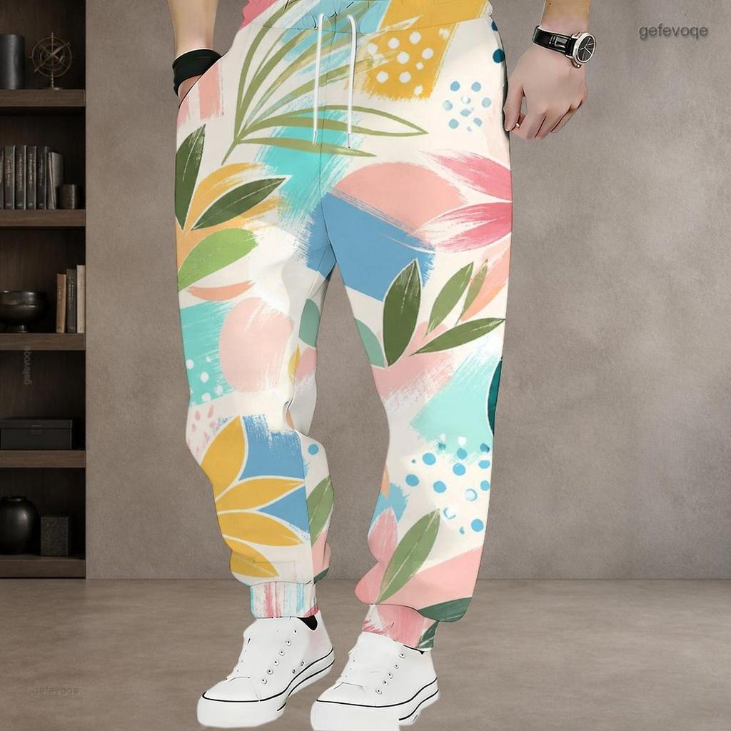 Men Plus Size Colorful Printed Drawstring Waist Side Pockets Cuffed Ankle Jogger Pants