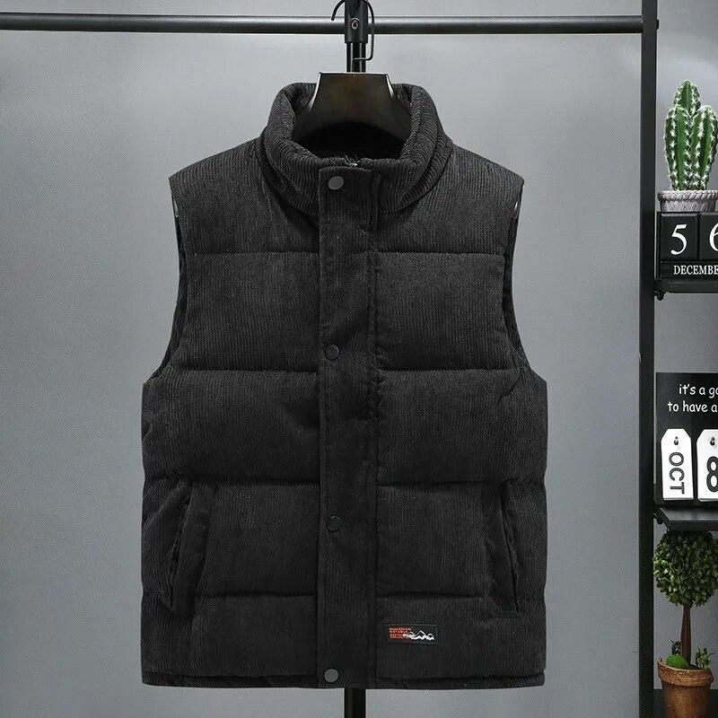 New Vest Jacket Men's Autumn Winter Warm Sleeveless Coat Stand Collar Padded Waistcoat Corduroy Work Wear Male Clothes 5XL