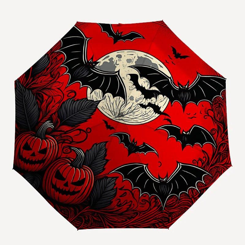 Halloween Moonlit Bat & Pumpkin StickerUmbrella with Cute Design, Portable 3-Fold Compact Umbrella for Men & Women, Valentine's Day Mother's Day Hallo