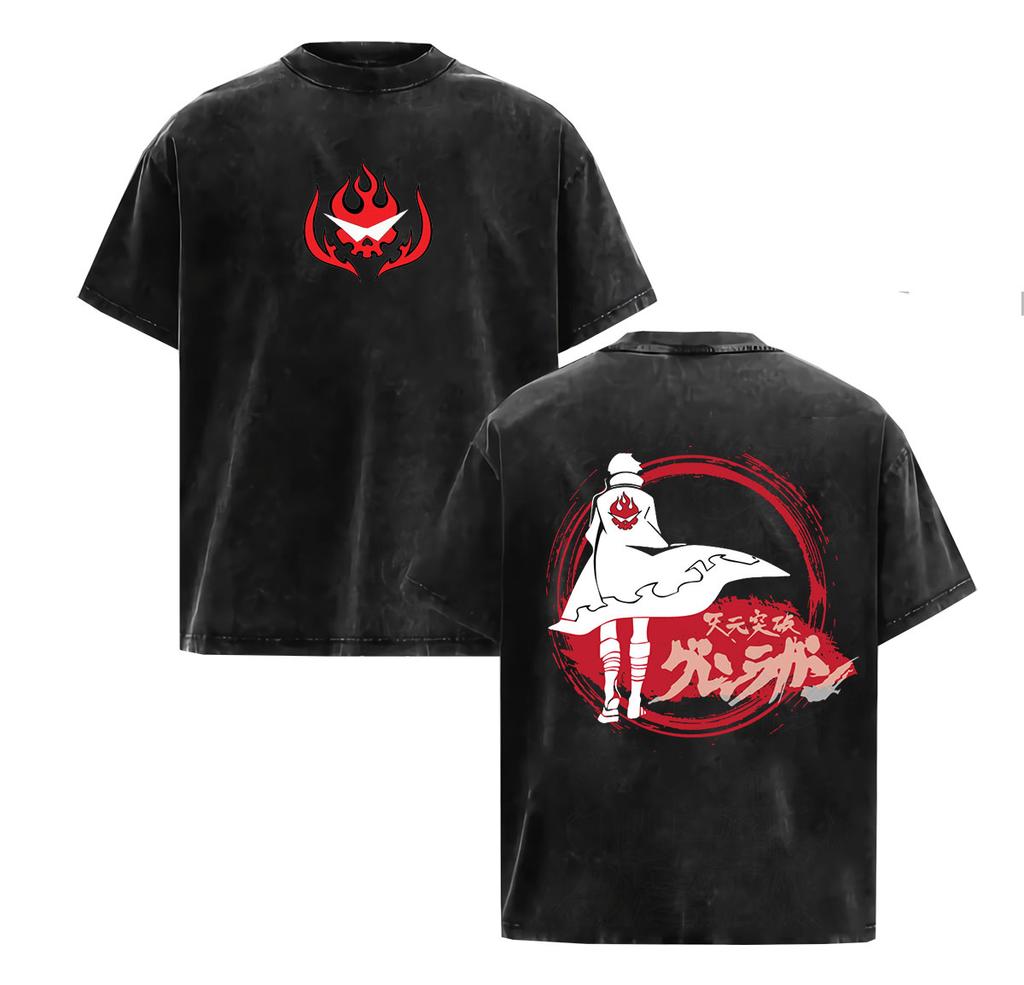 Vintage Washed Anime Tengen Toppa Gurren Lagann Graphic T Shirt Unisexs Oversized Harajuku Fashion Short Sleeve Tshirt Streetwear