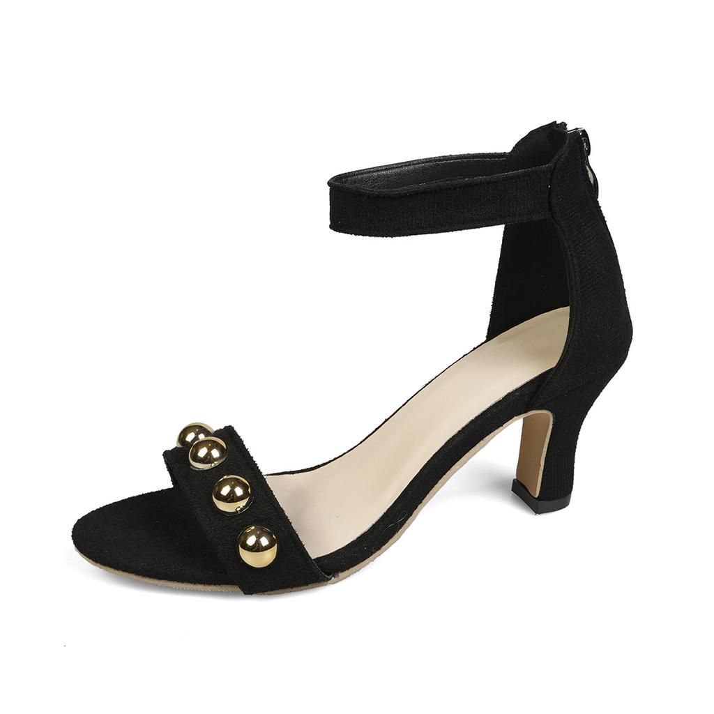 Fashion High Heel Rhinestone Summer Sandals for Women Large Size Open Toe Cover Heeled Ladies Shoes Black Suede Back Zip Sandales Femmes