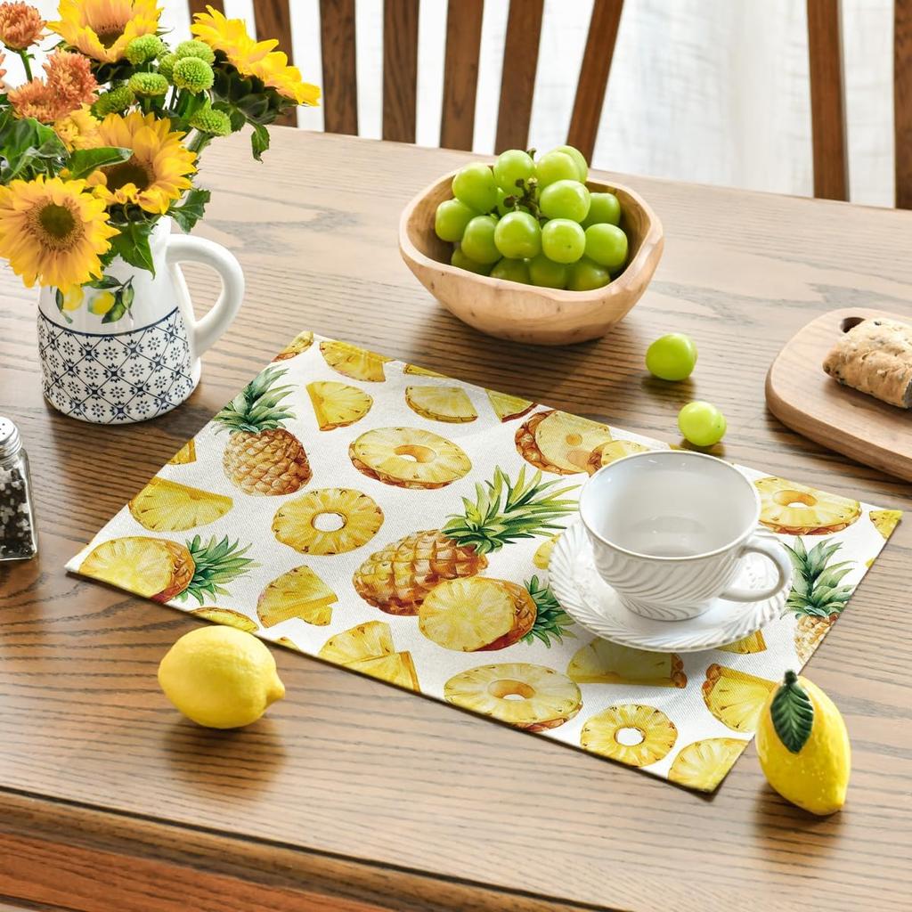 4/6 Piezas Manteles de Mesa de Verano con Fruta de Piña, Adiciones de Comedor para Festividades de Primavera Estacionales para Decoración de Cocina 12X18 Pulgadas