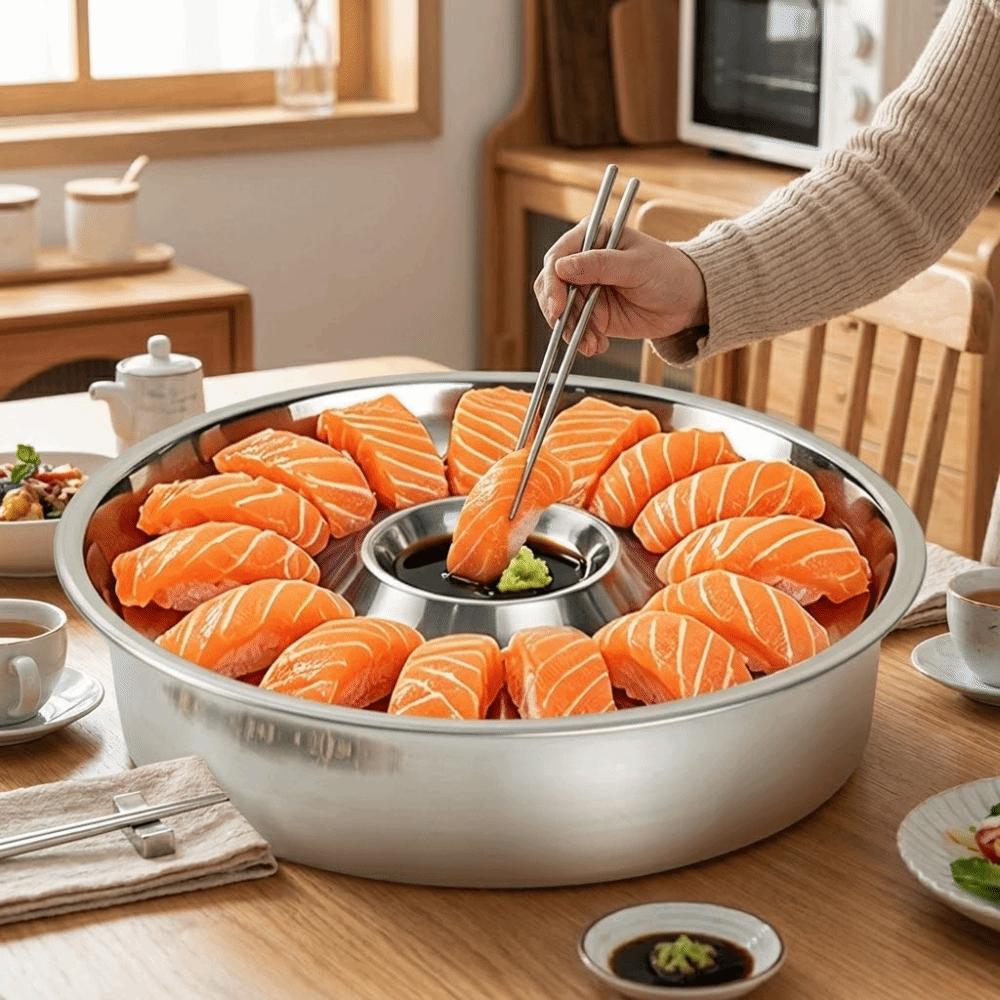 Sashimi-Eisplatte aus Edelstahl mit Dip-Schale Runde Lebensmittel-Display-Tablett Abnehmbare Kühlplatte Knödelplatte