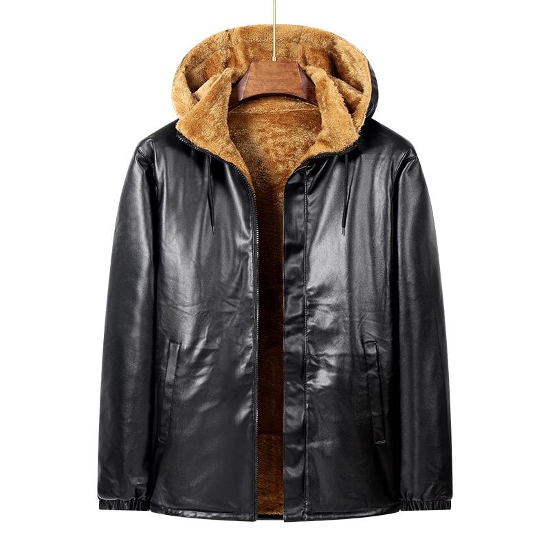 

Men s Autumn and Winter Solid Color Pu Leather Jacket Hooded Casual Velvet Warm Coat Top XL чорний