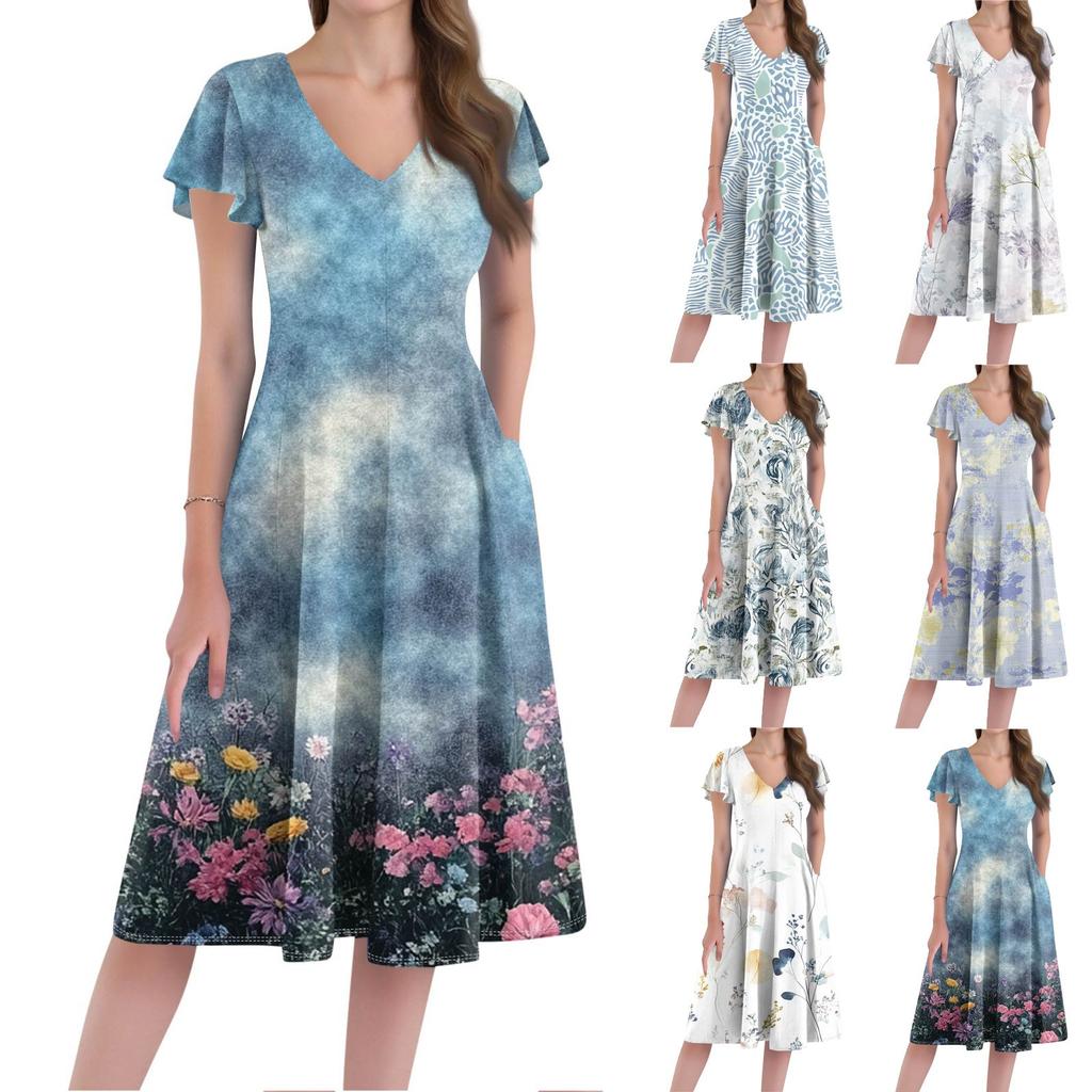 A Casual And Fashionable V-Neck Short-Sleeved Medium-Length Dress With Floral Prints For Women