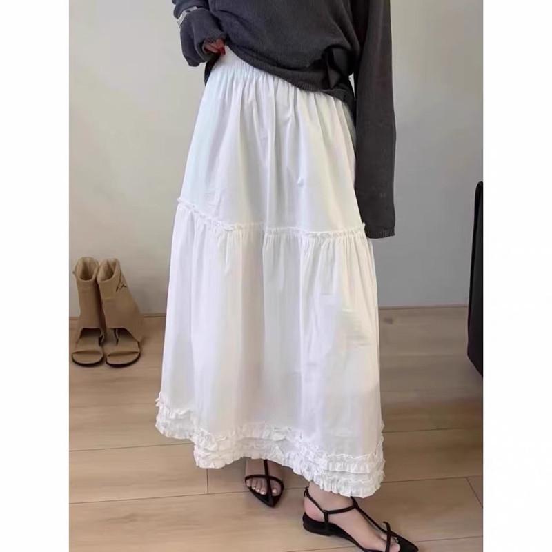 Spring 2026 High Waist Patchwork Wood Ear Ruffle Korean Style Long Cake Skirt