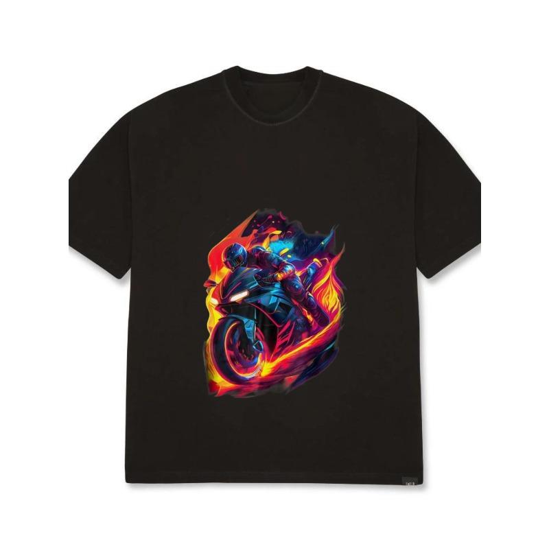 Crewneck T Shirt White Motorcycle Rider with Flame Design for Casual Wear