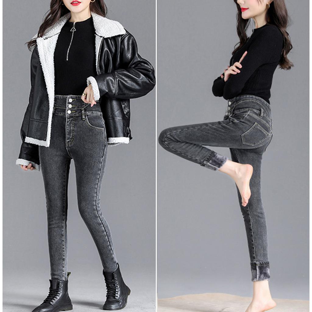 Thickened Velvet High Waisted Jeans For Women's Winter Slimming And High Slim Fit Elastic Leggings, Denim Pencil Pants