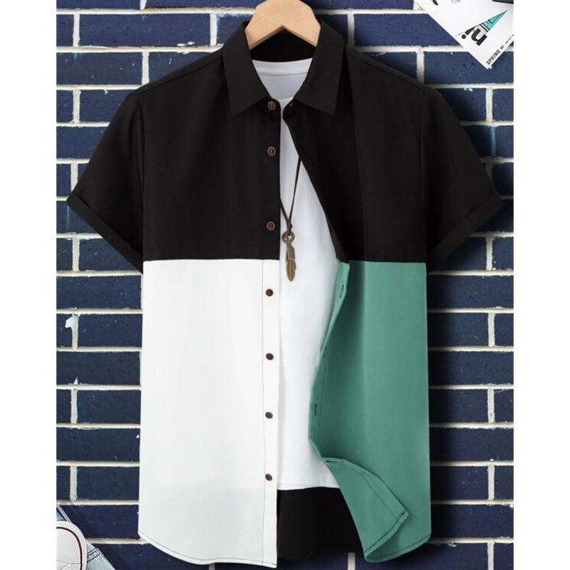 Patchwork Plaid Printed Men’S Clothing Summer Casual Short Sleeved Daily Street Tops Loose Oversized Shirt