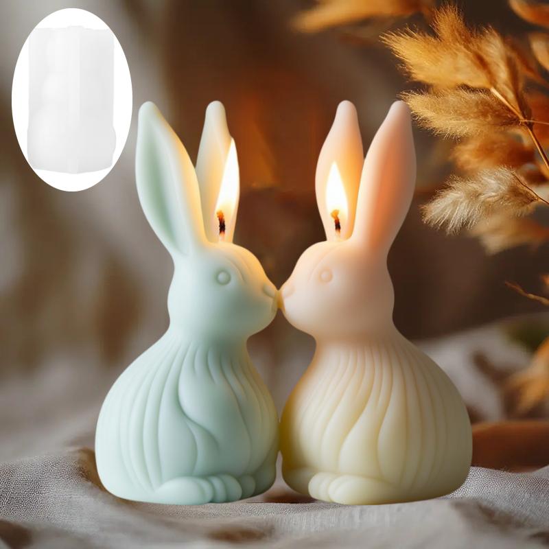 3D Cute Sitting Rabbit Candle Silicone Mold Vertical Ears Flower Rabbits Resin Mould Striped Easter Bunny Concrete Gypsum Molds