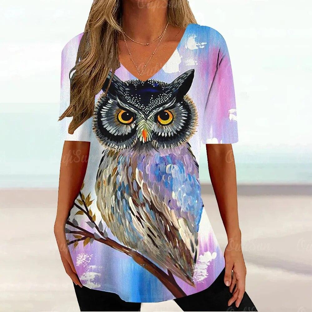 Dámská trička Vintage sova Zvířecí grafický potisk Tričko Letní móda Výstřih do V Krátký rukáv Top Trička Oversized Dámské tričko Oblečení