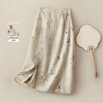 IHIMI New Chinese Style A-Line Printed High-Waist Midi Skirt