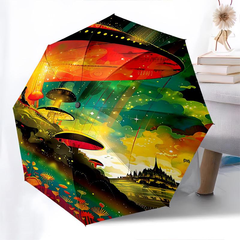 

1pc Mushroom Fantasy Automatic Opening/Closing Umbrella, Portable 3-Fold Design with Iron Frame, Outdoor for Fans, Travelers & Daily Use, Perfect Gift